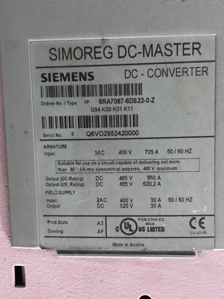 SIEMENS 6RA7087-6DS22-0-Z SIMOREG DC MASTER 850A DC CONVERTER