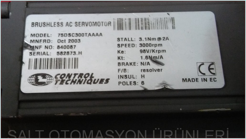 CONTROL TECHNIQUES DUTYMAX DS 75 SPEED:3000RPM 75DSC300TAAAA BRUSHLESS AC SER SERVO MOTOR