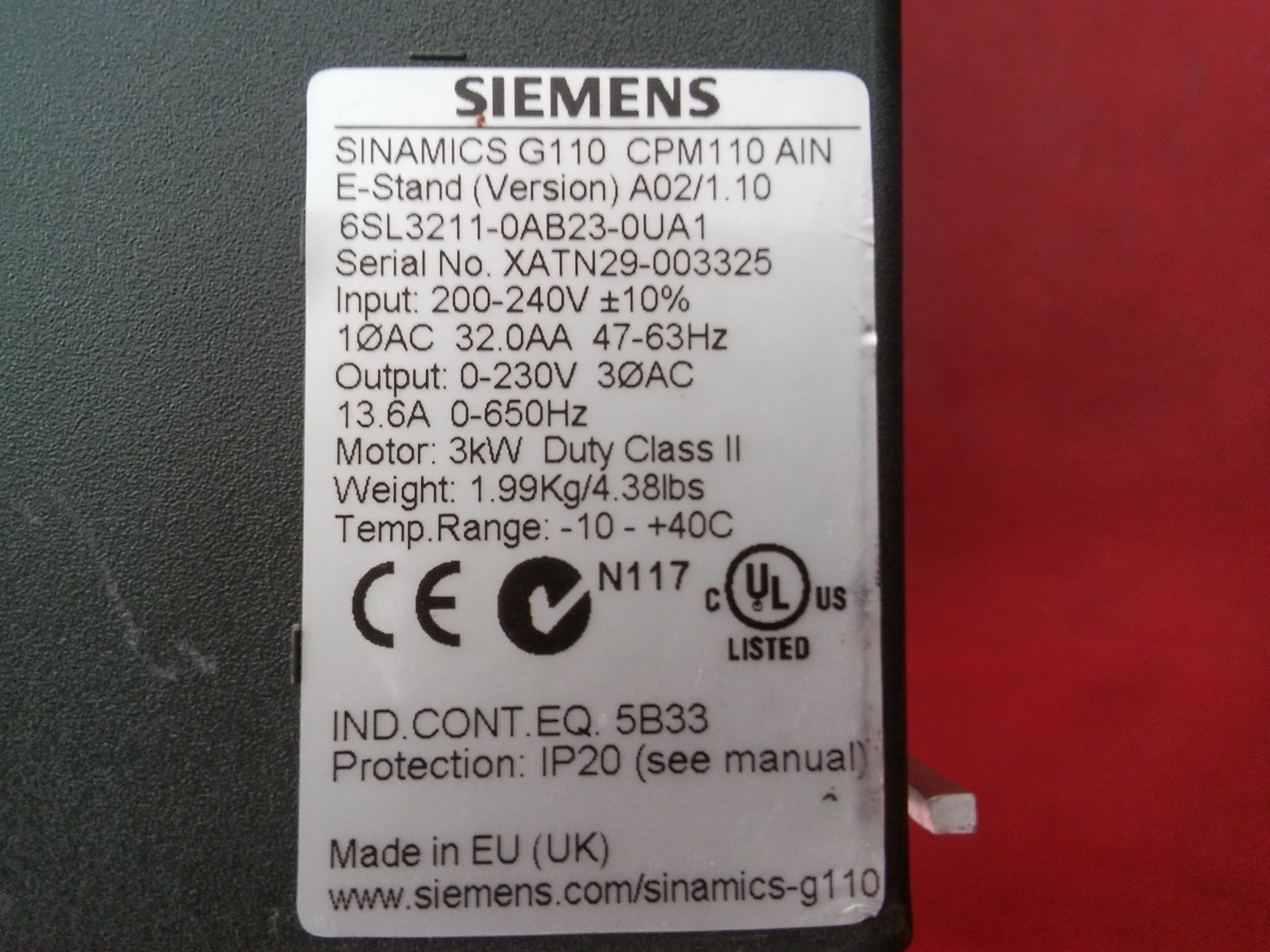 SIEMENS 6SL3211-0AB23-0UA1 SINAMICS G110 3KW İNPUT 200-240V