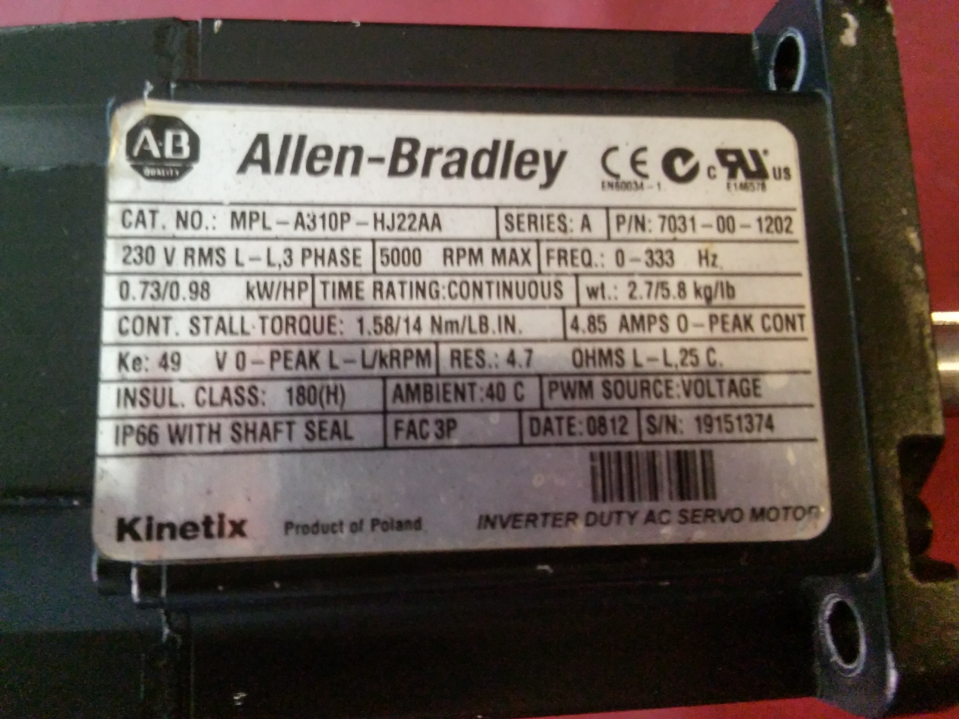 ALLEN BRADLEY MPL-A310P-HJ22AA CPL 0,73KW SERVO MOTOR