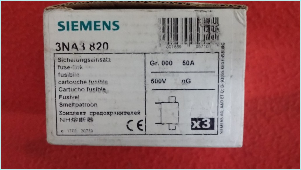 SIEMENS 3NA3 820 50 A SIFIR KUTULU 3 ADET MERKEZLİ ETİKET SİGORTASI