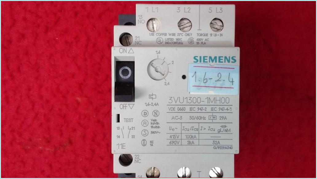 SIEMENS 3VU1300-1MH00 1,6-2,4A YARDIMCI KONTAKLI MOTOR KORUMA