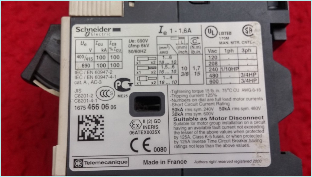 SCHNEİDER GV2ME06 1-1,6A ŞARTEL TİPİ MOTOR KORUMA