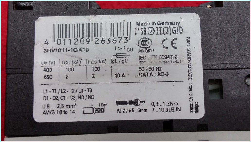 SIEMENS 3RV1011-1GA10 4,5-6,3A ŞARTEL TİPİ MOTOR KORUMA
