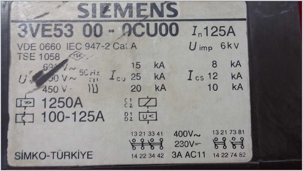 SIEMENS 3VE53 00-0UC00 3VE5 125A TMŞ 125 AMPER