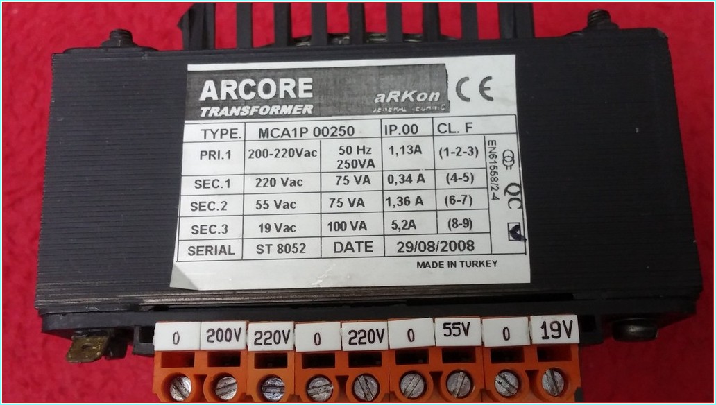 ARKON MCA1P 00250 INPUT 0-200-220CAC OUTPUT 220-55-19VAC CIKIŞ ARCORE TRANSFORMER GÜÇ KAYNAĞI