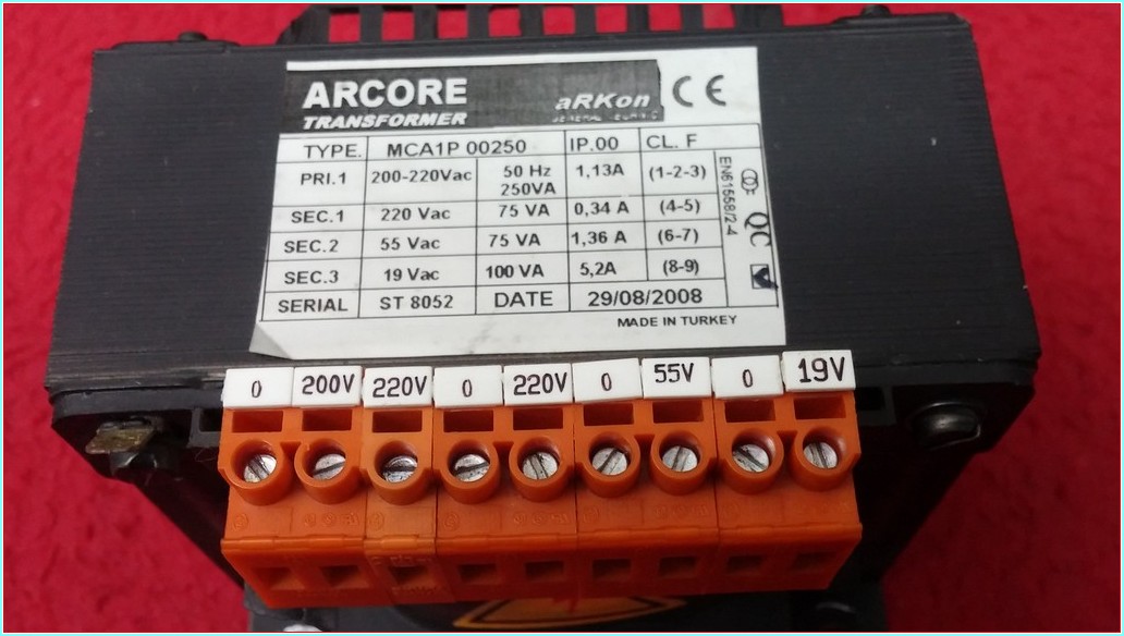 ARKON MCA1P 00250 INPUT 0-200-220CAC OUTPUT 220-55-19VAC CIKIŞ ARCORE TRANSFORMER GÜÇ KAYNAĞI