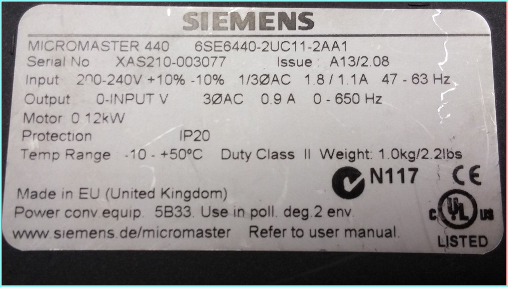 SIEMENS 6SE6440-2UC11-2AA1 0,12KW 230V MICROMASTER 440 SÜRÜCÜ