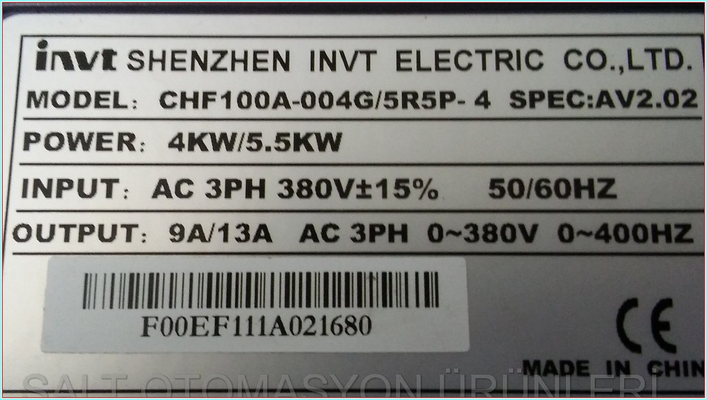 İNVT CHF100A-004G 5R5P-4 SPEC AV2 02 4-5,5KW SÜRÜCÜ HIZ KONTROL DRIVER