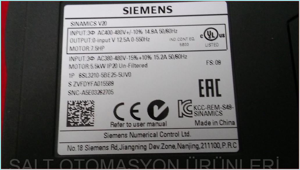 SIEMENS 6SL3210-5BE25-5UV0 SINAMICS V20  5,5KW 12,5A 182X184X169 SÜRÜCÜ HIZ KONTROL DRIVER