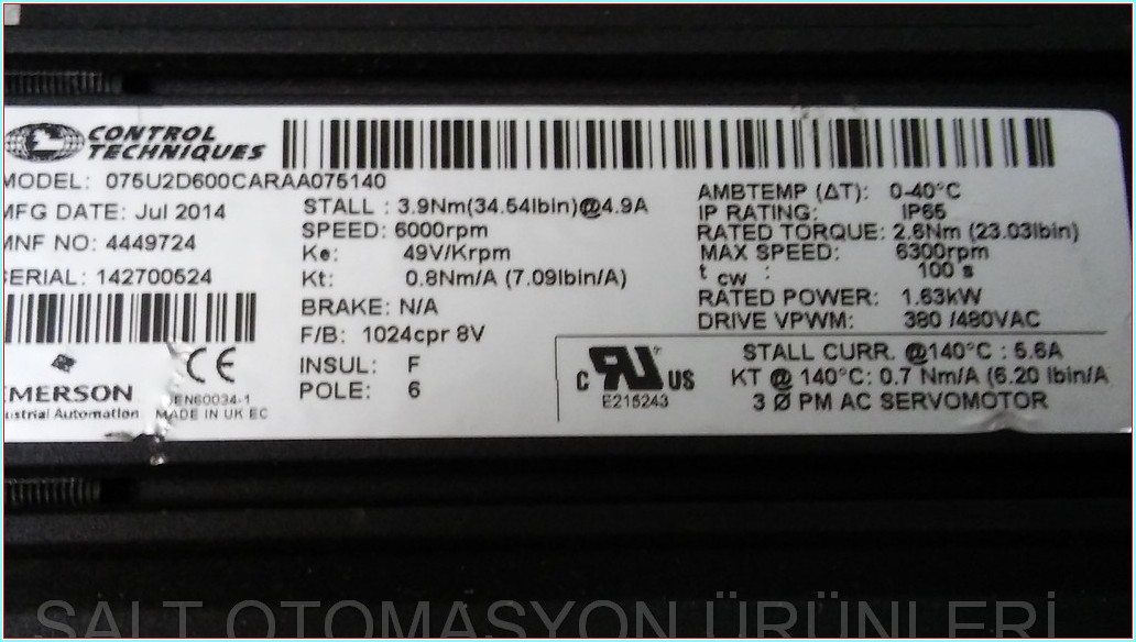 CONTROL TECHNIQUES 075U2D600CARAA075140 UNİMOTOR EMERSON 1,63KW SERVO MOTOR