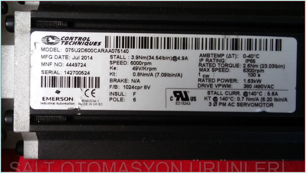 CONTROL TECHNIQUES 075U2D600CARAA075140 UNİMOTOR EMERSON 1,63KW SERVO MOTOR