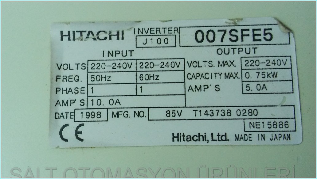 HITACHI J100 IGBT INVERTER 007SFE5 0,75KW SÜRÜCÜ DRIVER INVERTER
