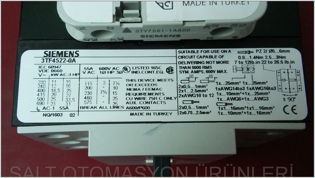 SIEMENS 3TF45 22-0AP0 3TF4522-0A 3TF45 18,5KW SIFIR KUTULU KONTAKTÖR
