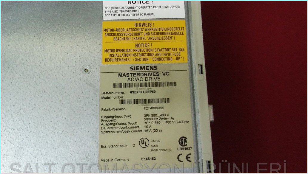 SIEMENS 6SE7021-0EP60 MASTER DRIVES AC-AC DRIVES 10A 4KW SÜRÜCÜ