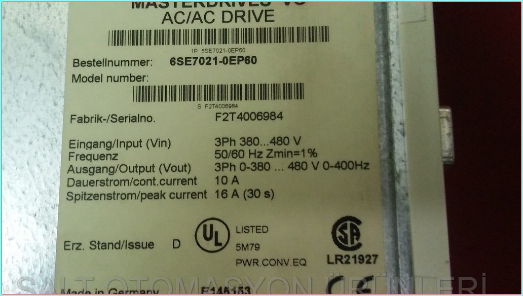 SIEMENS 6SE7021-0EP60 MASTER DRIVES AC-AC DRIVES 10A 4KW SÜRÜCÜ