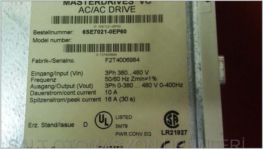 SIEMENS 6SE7021-0EP60 MASTER DRIVES AC-AC DRIVES 10A 4KW SÜRÜCÜ