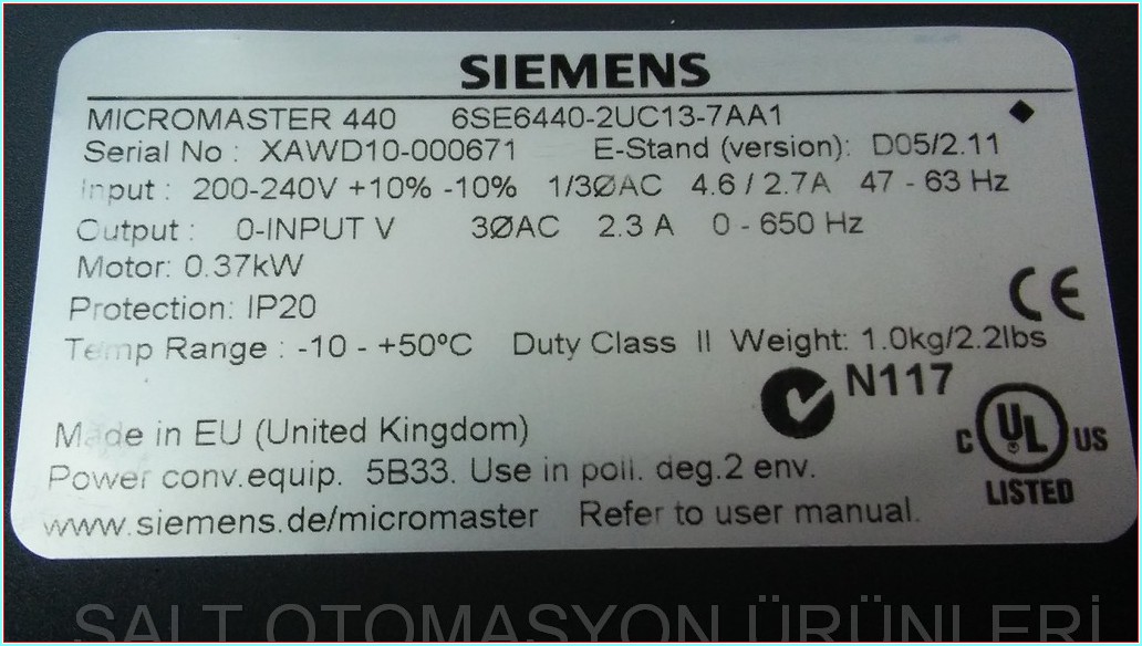 SIEMENS 6SE6440-2UC13-7AA1 440 0,37KW MICROMASTER 440 SÜRÜCÜ INVERTER