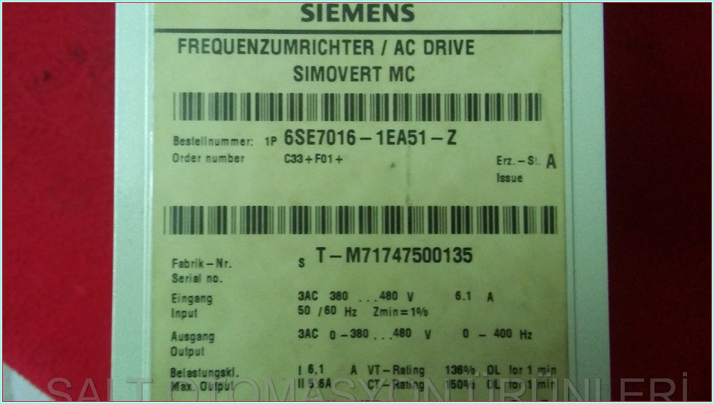 SIEMENS 6SE7016-1EA51-Z FREQUENZUMRICHTER AC DRIVE SIMOVERT MC MASTERDRIVE