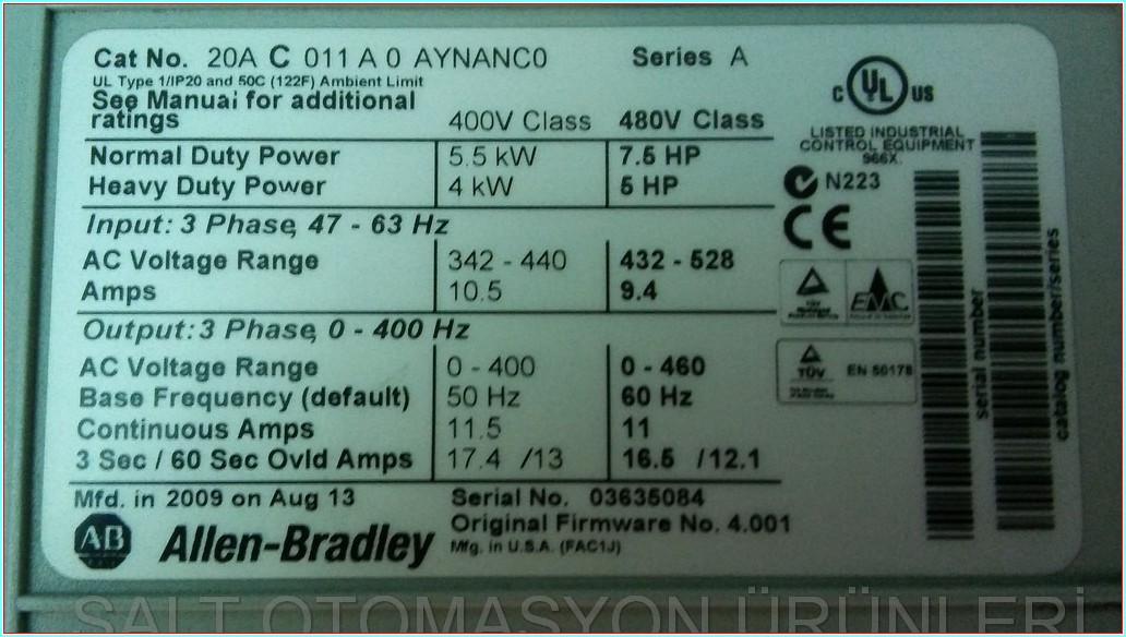 ALLEN BRADLEY 20A C 011 A 0 20AC011A0 20A-C-011-A-0 POWER FLEX70  AYNANC0 5,5 KW SÜRÜCÜ ALLEN-BRADLEY