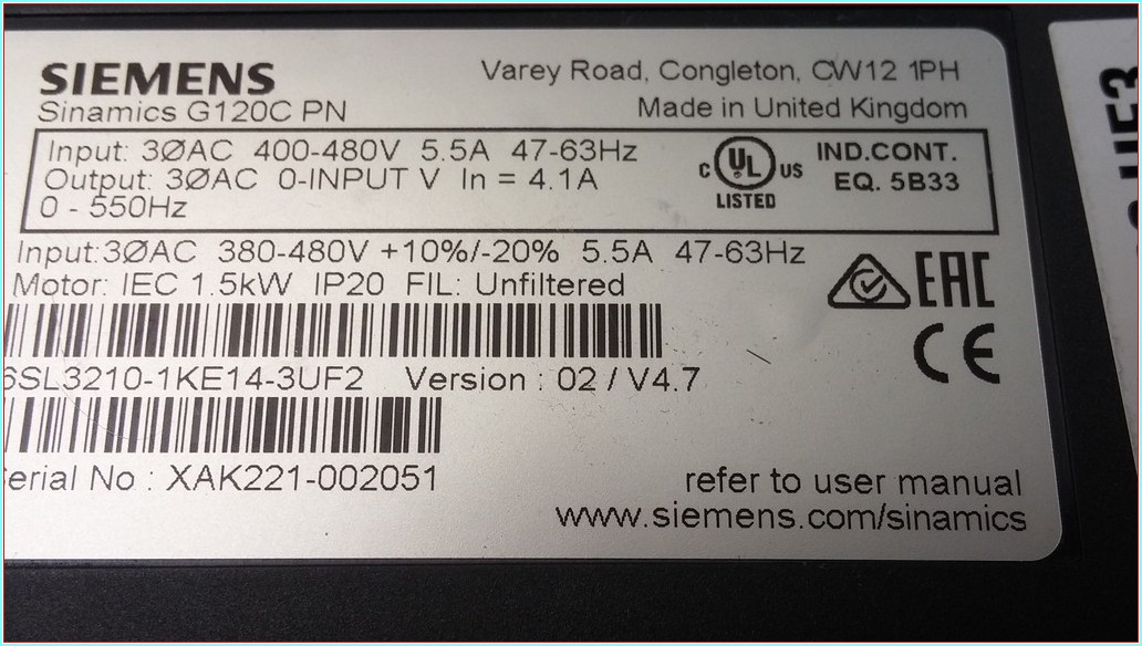 SIEMENS 6SL3210-1KE14-3UF2 G120C PN2P E VERSİYON 02 1.5KW SIFIR KUTULU SÜRÜCÜ