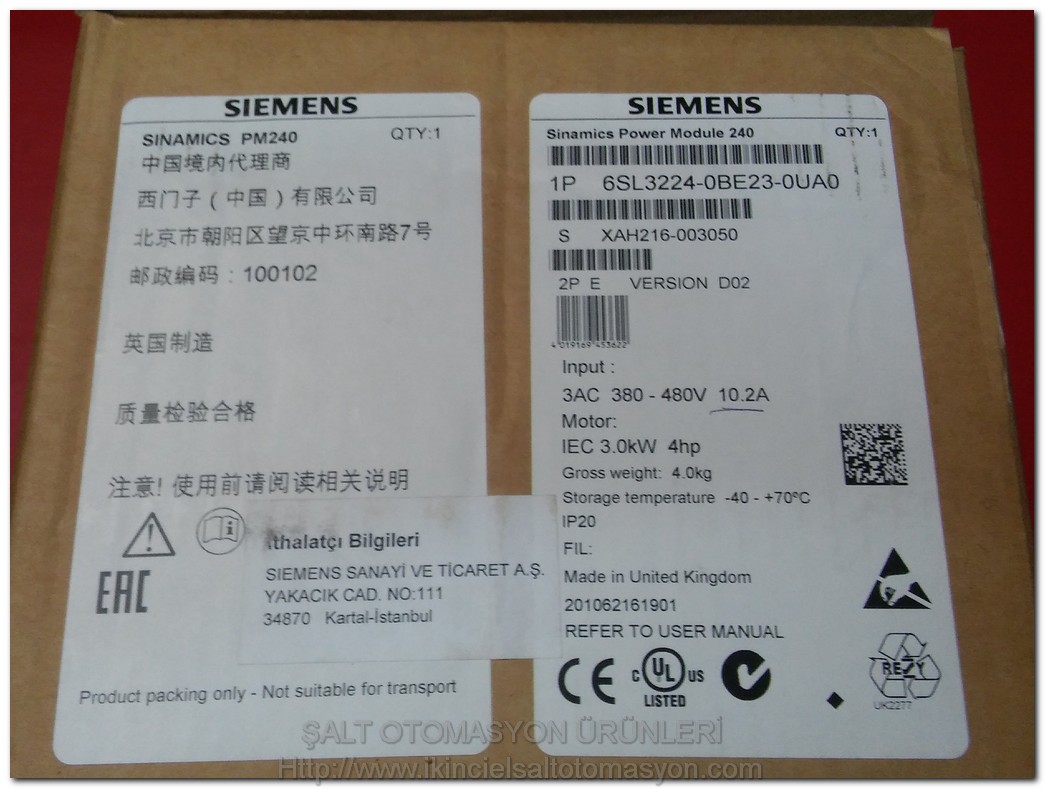 SIEMENS 6SL3224-0BE23-0UA0 MODULE 240 VERSION D02 3KW 10,2A SÜRÜCÜ SIFIR KUTULU