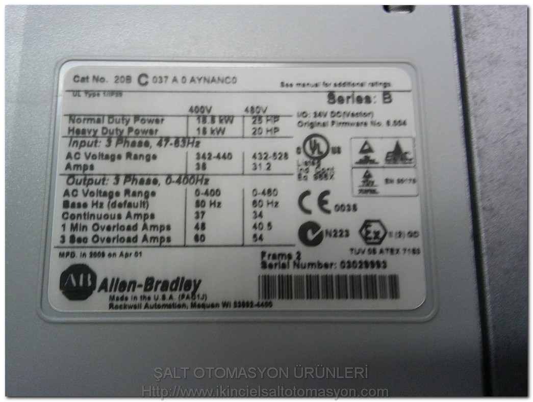 ALLEN BRADLEY 20B C 037 A 0 AYNANCO 1 IP20 POWERFLEX 700 POWER FLEX 700 18,5KW SÜRÜCÜ