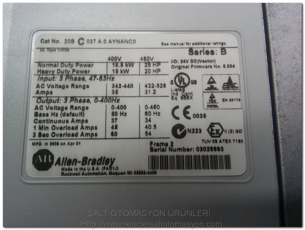 ALLEN BRADLEY 20B C 037 A 0 AYNANCO 1 IP20 POWERFLEX 700 POWER FLEX 700 18,5KW SÜRÜCÜ