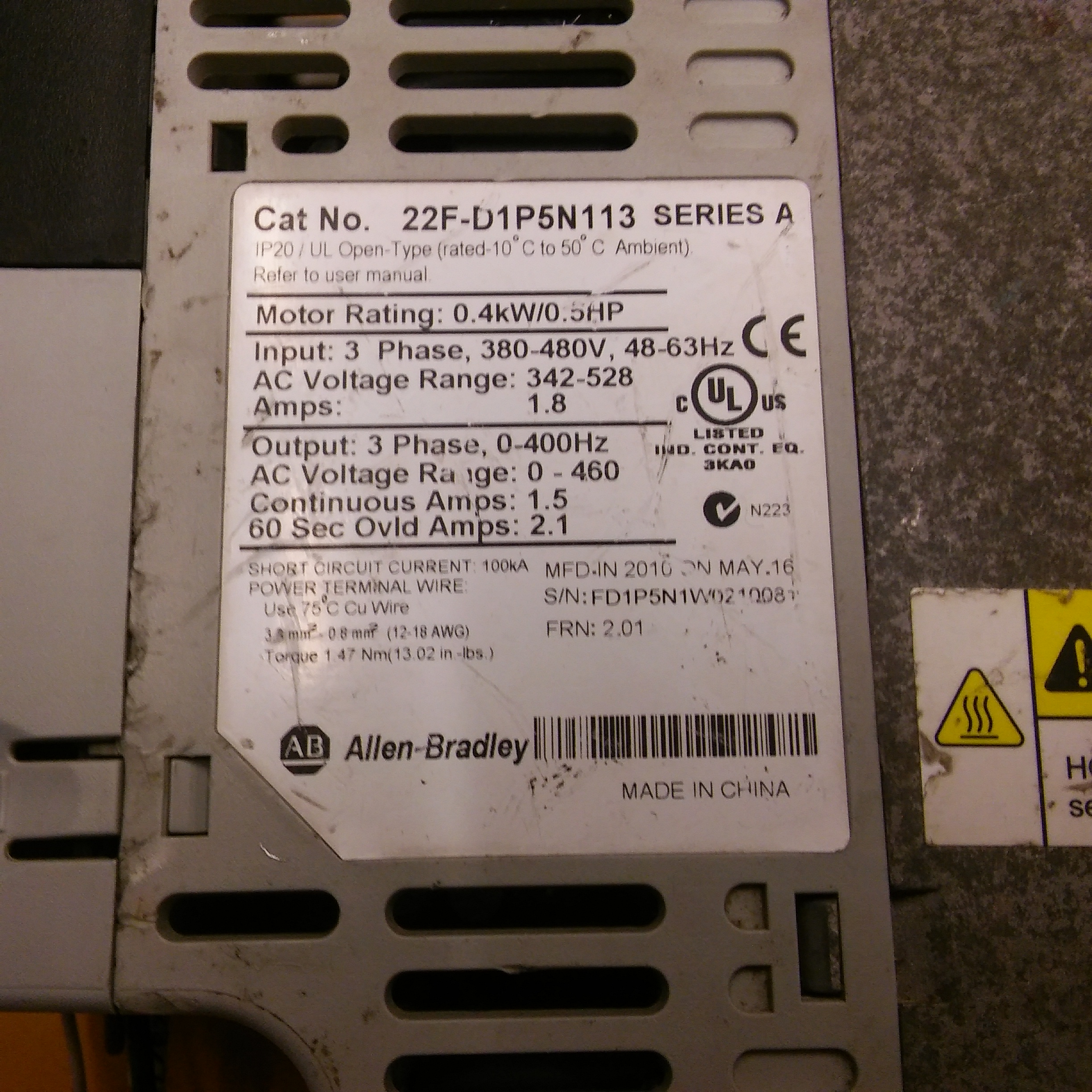 ALLEN BRADLEY 22F-D1P5N113 22F-D1P5N113 0,40KW 380V SÜRÜCÜ