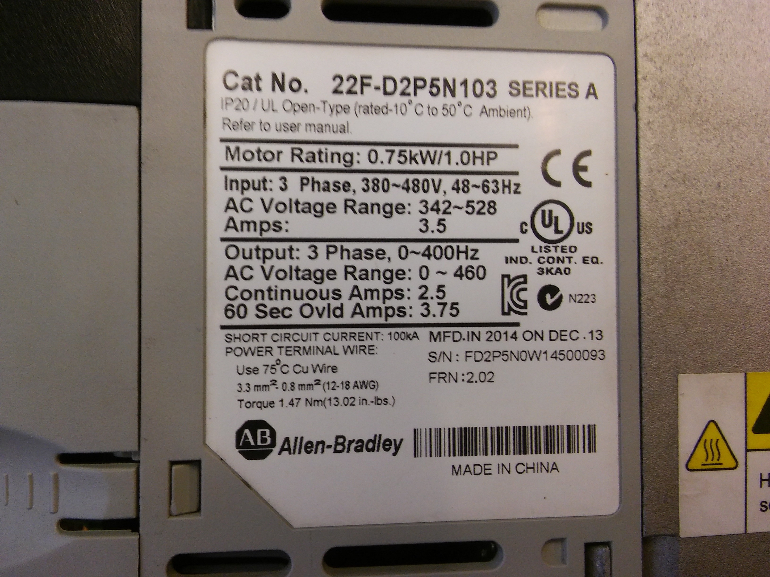 ALLEN BRADLEY 22F-D2P5N103 INPUT 380V 0,75 KW 1HP SÜRÜCÜ