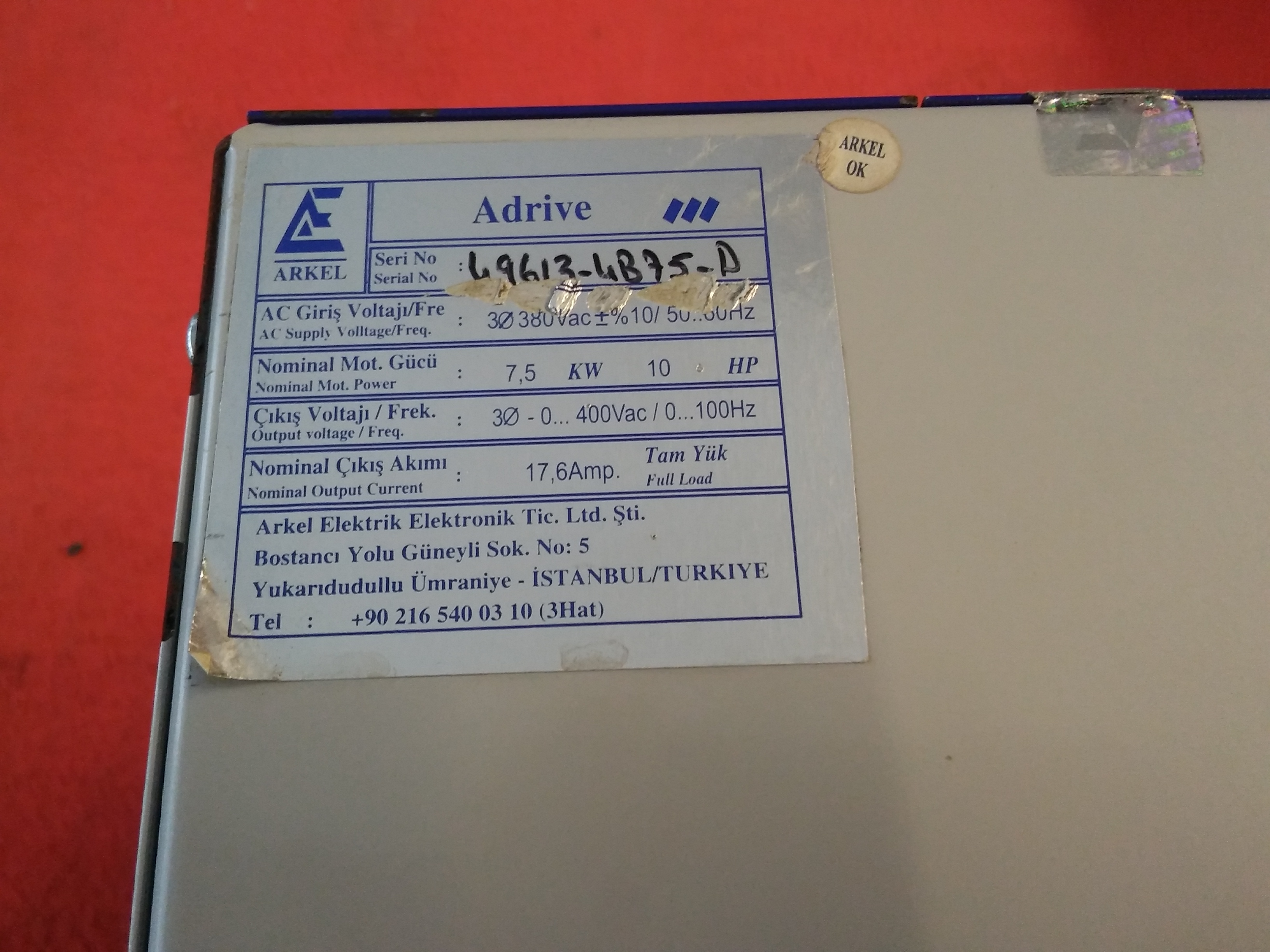 ARKEL ADRİVE 2B17A ADRİVE-2B17A ADRİVE2B17A 1001480 49613-4B75-D ADRİVE VVVF INVERTER  ADRİVE 7,5KW SÜRÜCÜ