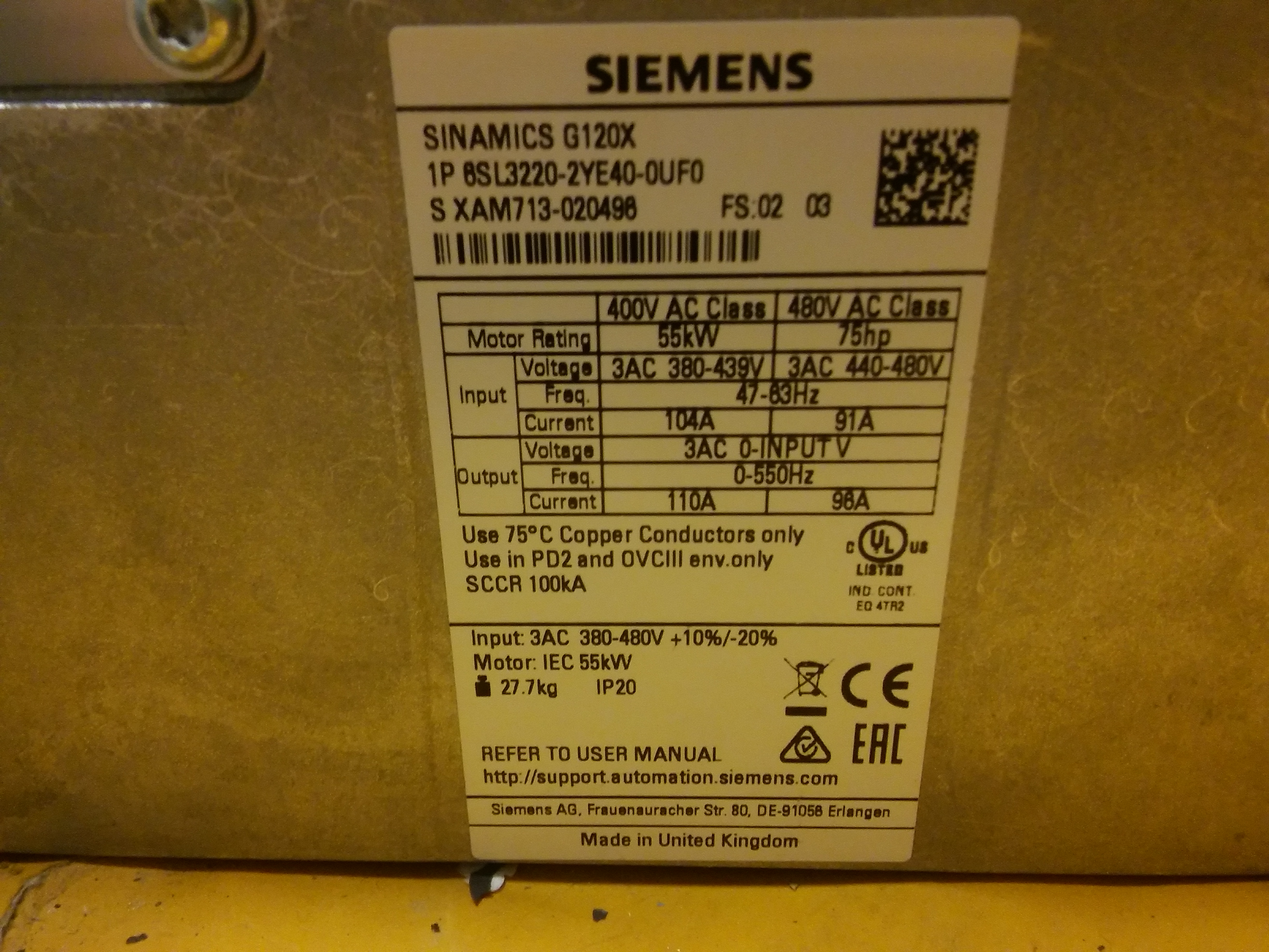 SIEMENS 6SL3220-2YE40-0UF0 SINAMICS G120X 55KW SÜRÜCÜ