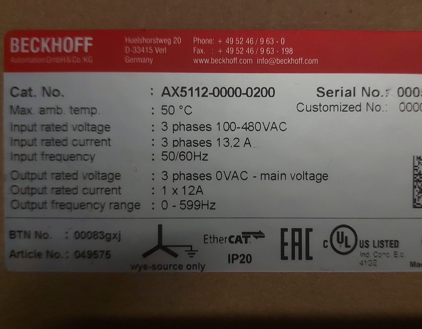 BECKHOFF AX5112-0000-0200 049575 AX5112 0000 0200 AX511200000200