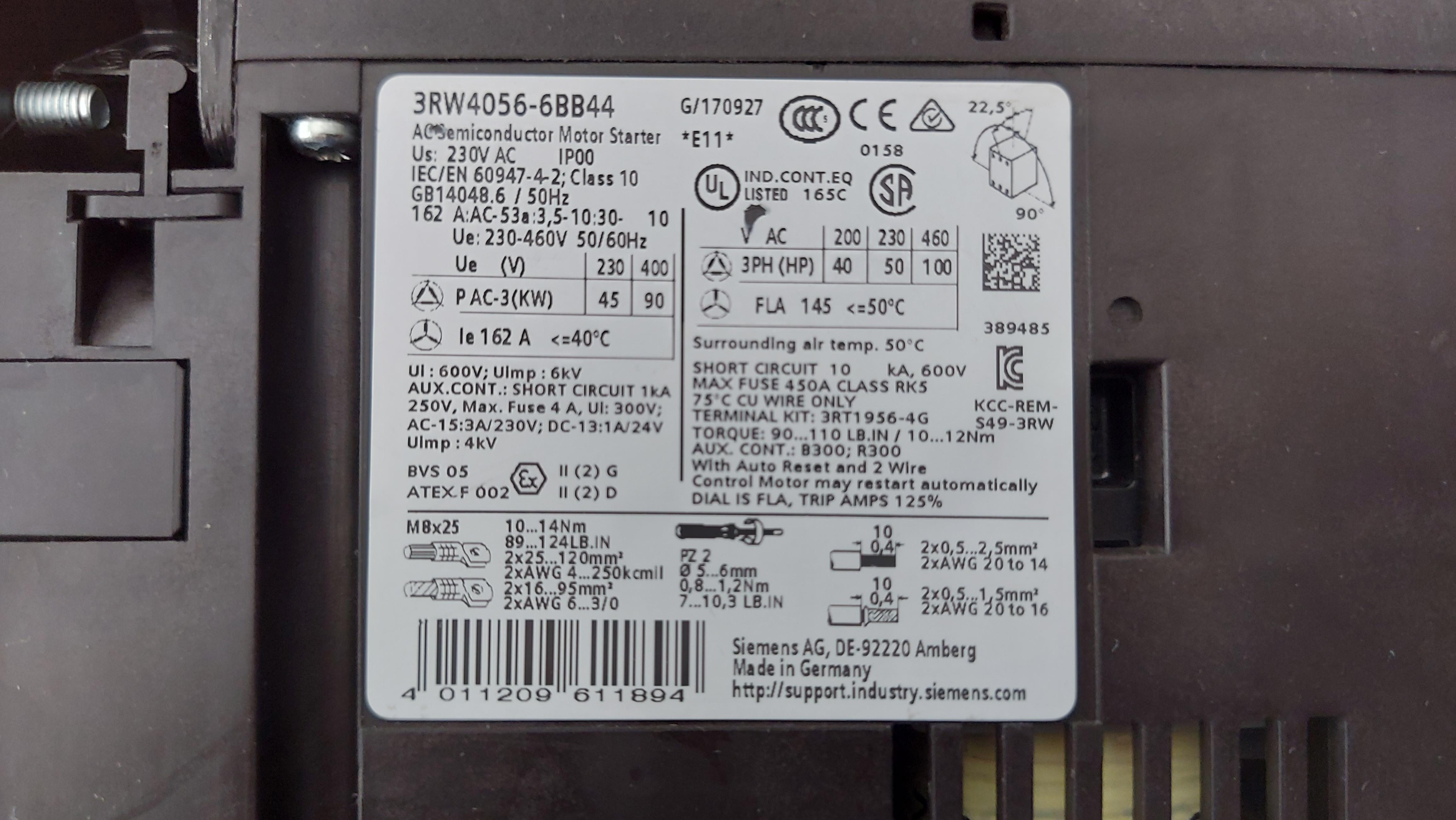 SIEMENS 3RW4056-6BB44 3RW4056 6BB44 3RW40566BB44 90 KW SOFT STARTER