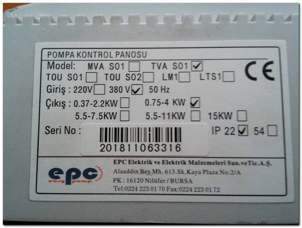 EPC TVA S01 TVAS01 TVASO1 EPC-TVA01 AKILLI POMPA KONTROL PANOSU