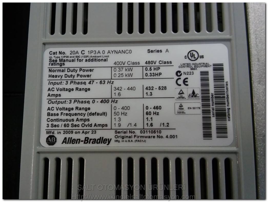ALLEN BRADLEY 20AC1P3A0AYNANC0 20A C 1P3A 0 0,25KW - 0,37KW POWER FLEX 70 SÜRÜCÜ