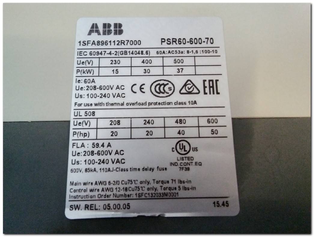 ABB PSR60-600-70 1SFA896112R7000 30KW YUMUŞAK YOL VERME SOFT STARTER