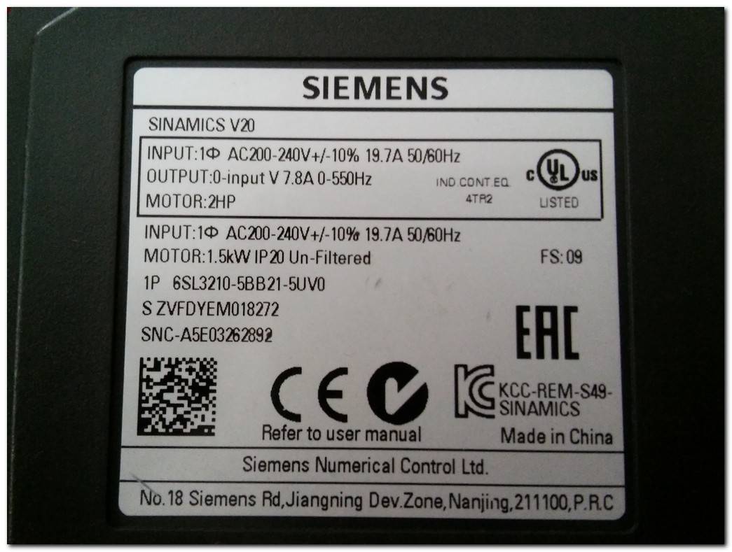 SIEMENS 6SL3210-5BB21-5UV0 SINAMICS V20 1,5KW SÜRÜCÜ