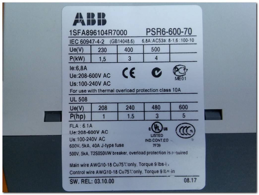 ABB PSR6-600-70 1SFA896104R7000 3KW SOFTSTARTER 3 KW YUMUŞAK YOL VERME